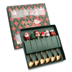 6pcs /Pack Christmas Cartoon Doll Stainless Steel Tableware (Color: Gold, Options: Spoon+Green Box)