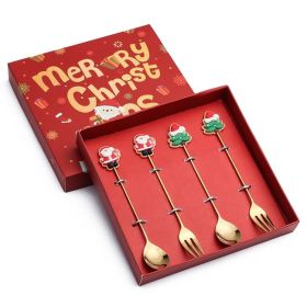 4pcs /Pack Christmas Gift Spoon Cartoon Fruit Fork Dessert Coffee Scoop (Color: Gold, Options: Style D)